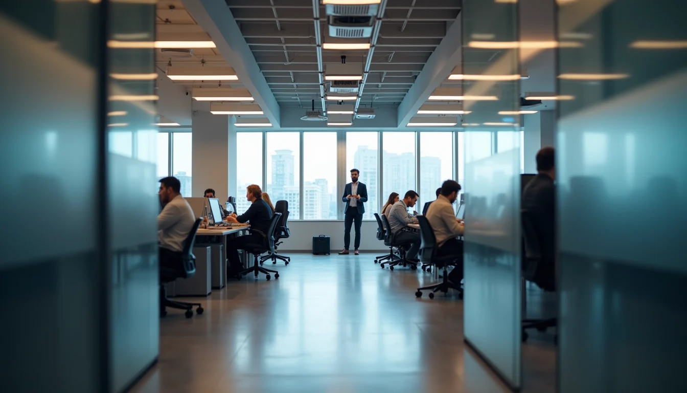 Eye-level view of a modern office workspace with professionals collaborating on SAP projects